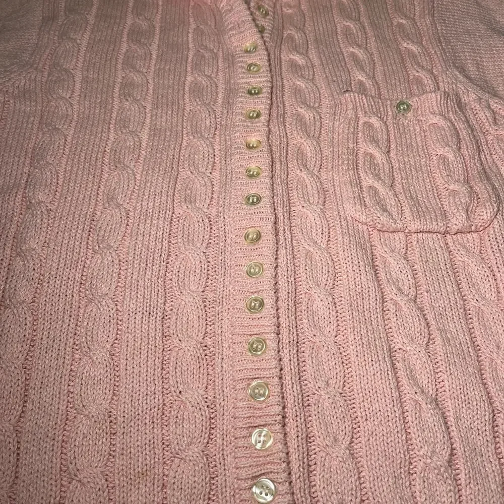 Tian Collection Pink Short Sleeve Cable Knit Cardigan Sweater Sz S Vtg Chunky